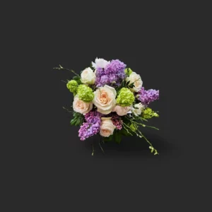 bouquet pastel geneve – roses crème, lilas mauve et hortensias verts, élégance printanière