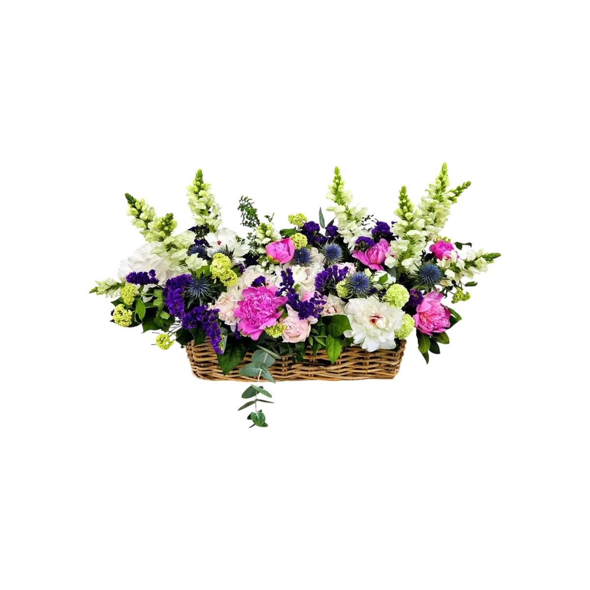 bouquet pivoines Genève : pivoines roses, mufliers et eryngium bleu — hommage funéraire élégant