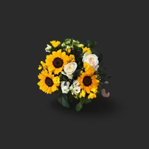 bouquet tournesols avec roses blanches et freesias - Radiance Champêtre, livraison à Genève