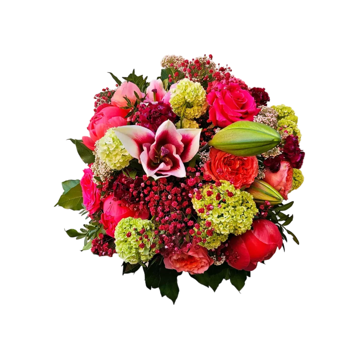 bouquet coloré Genève de roses, pivoines, orchidées et lilas – arrangement estival raffiné