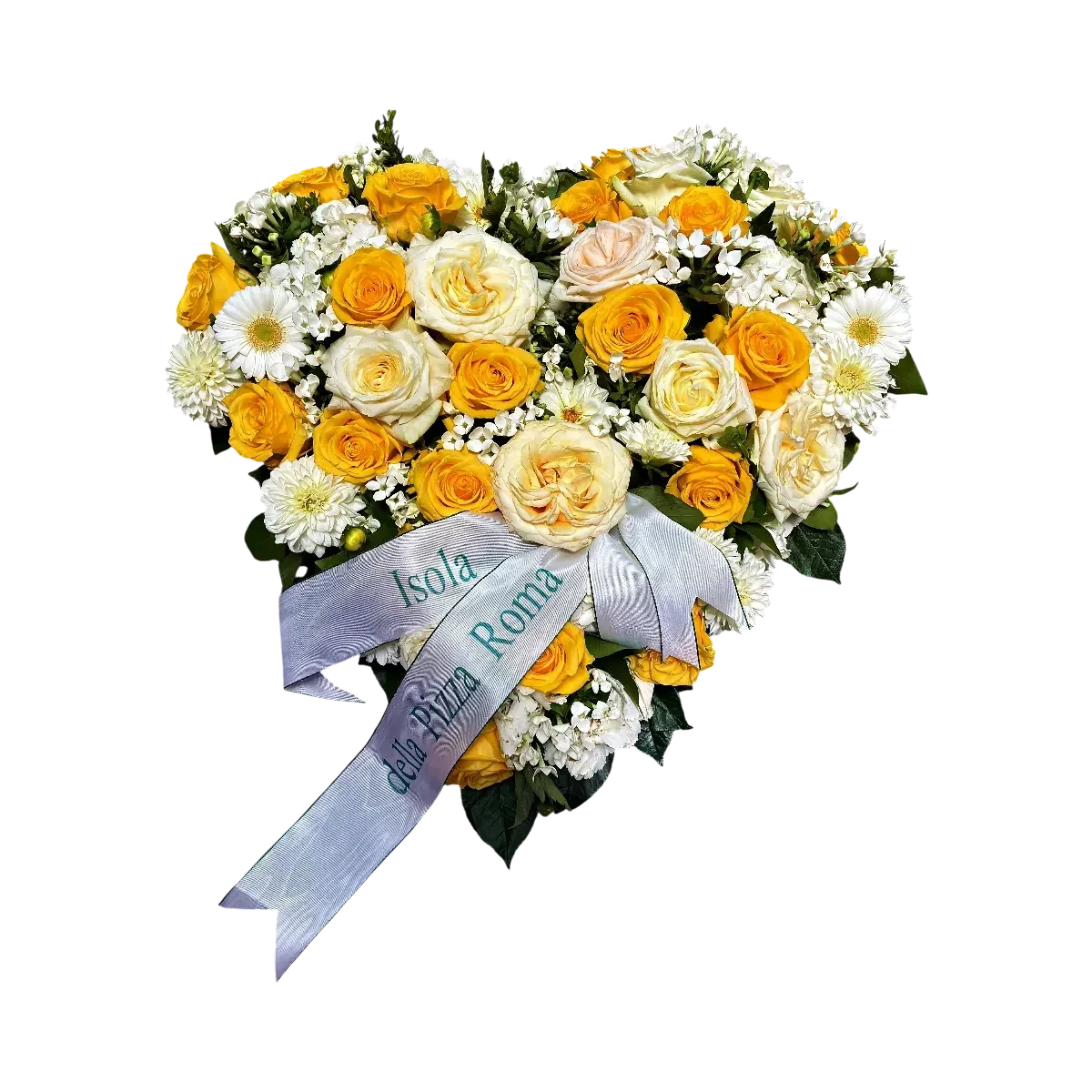 bouquet deuil Genève : cœur de roses jaunes et blanches, chrysanthèmes et gerberas avec ruban argenté