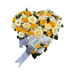 bouquet deuil Genève : cœur de roses jaunes et blanches, chrysanthèmes et gerberas avec ruban argenté