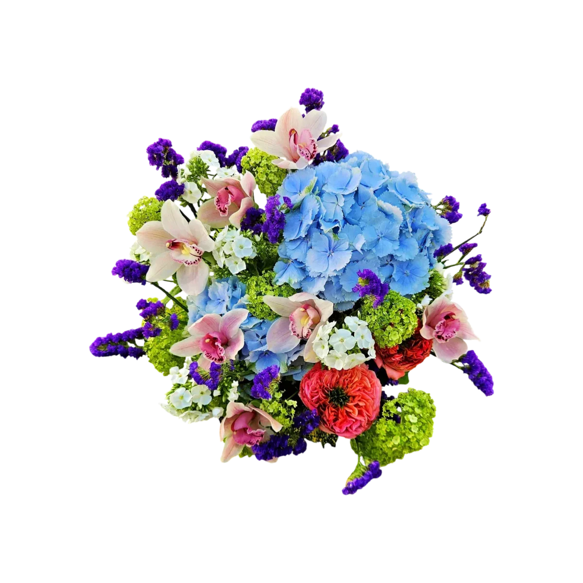 bouquet Genève avec cymbidiums roses, hortensias bleus, renoncules rouges et statice violet – Mélodie d'Équinoxe