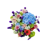 bouquet Genève avec cymbidiums roses, hortensias bleus, renoncules rouges et statice violet – Mélodie d'Équinoxe