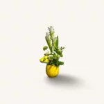 arrangement curcuma viburnum Genève dans vase jaune citron, composition estivale raffinée