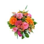 braise du léman Genève : bouquet automnal de dahlias orange, roses satinées et célosies velours