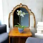 orchidée blanche Genève en pot céramique bleu-vert, phalaenopsis deux hampes, fleurs satinées et mousse décorative