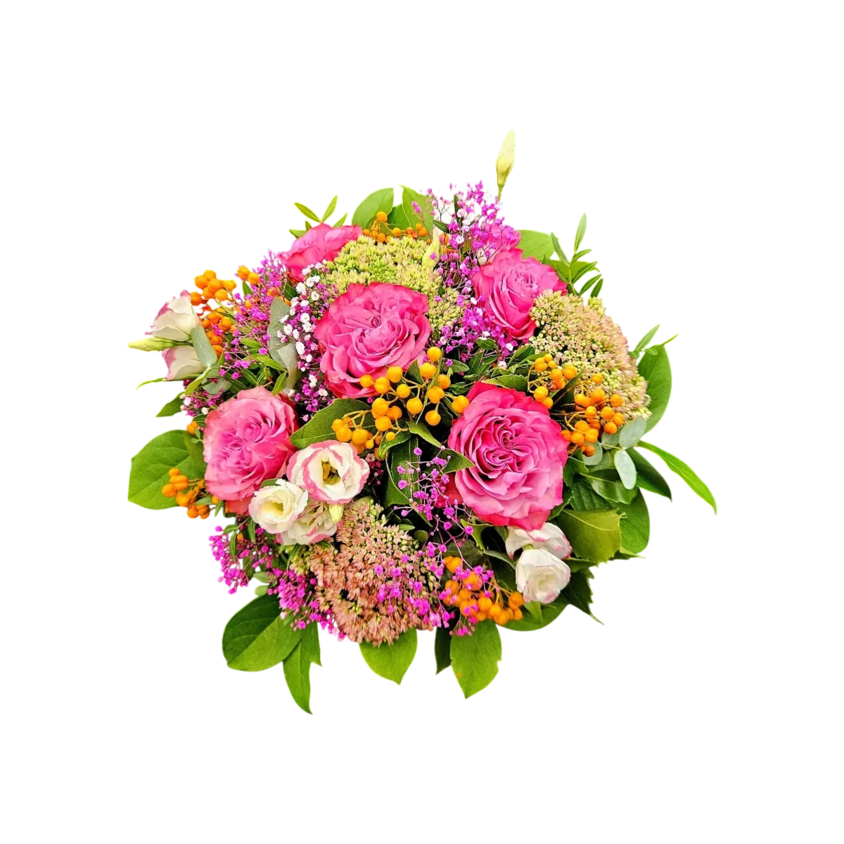 bouquet roses automne Genève avec roses roses, eustomas, sédum, gypsophile et baies orange