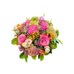 bouquet roses automne Genève avec roses roses, eustomas, sédum, gypsophile et baies orange