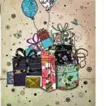 carte confetti Genève - carte illustrée festive de cadeaux, ballons et papillons pour accompagner bouquets