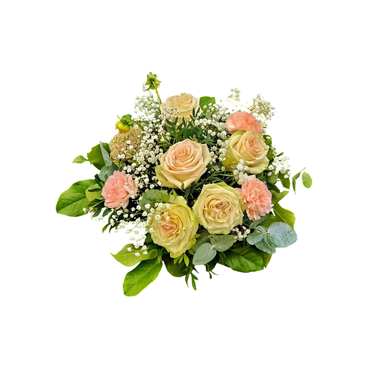 bouquet minuit pale geneve avec roses crème, oeillets pêche, gypsophile et sédum, composition pastel élégante