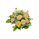 bouquet minuit pale geneve avec roses crème, oeillets pêche, gypsophile et sédum, composition pastel élégante