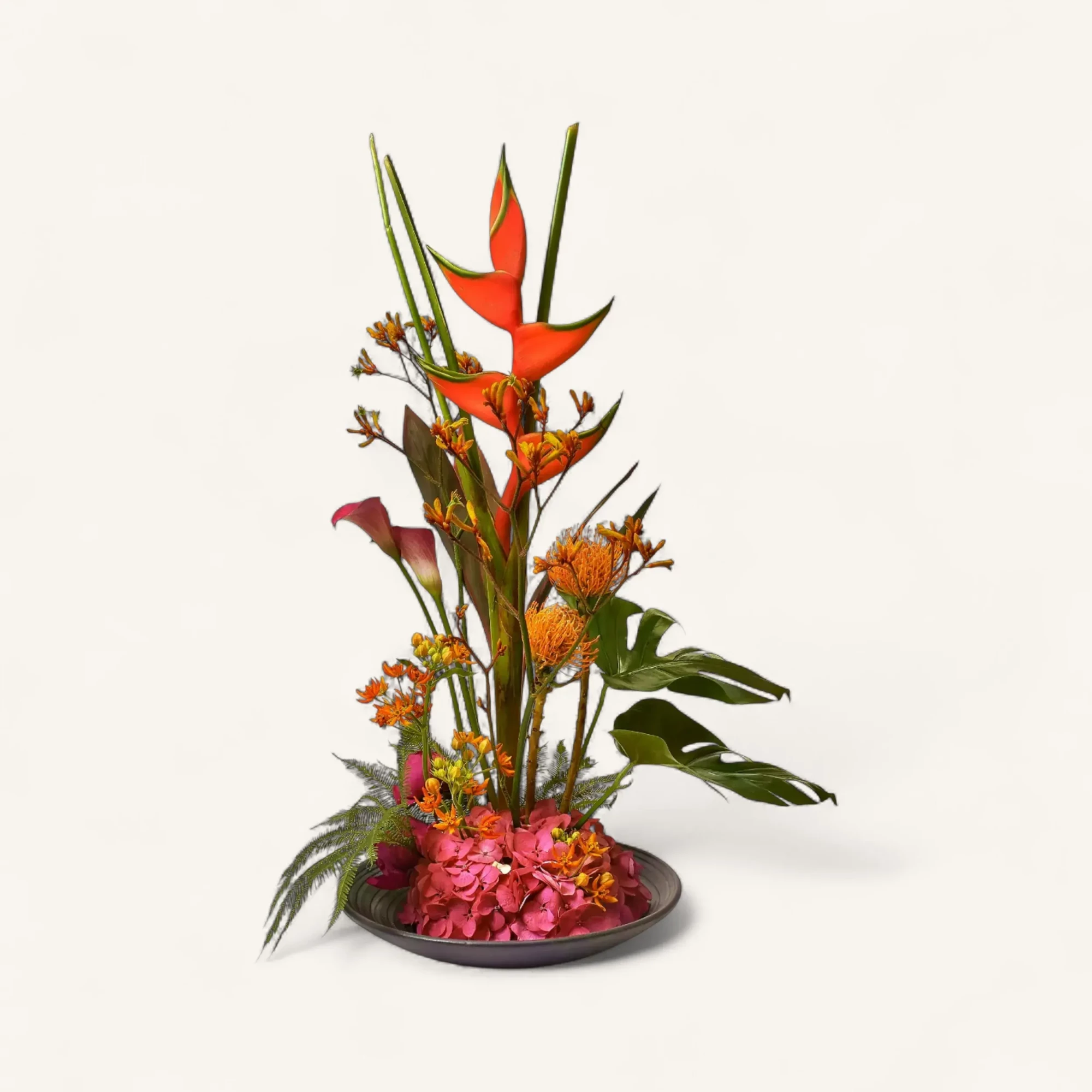 JTNE-102.webp bouquet tropical Genève : héliconias corail, protéas et hortensia dans un arrangement contemporain