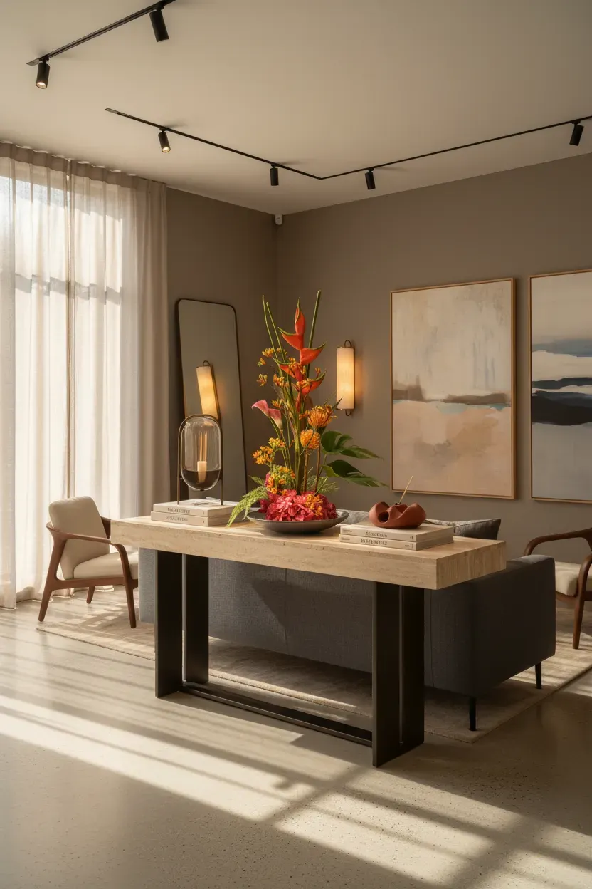 JTNE-103.webp bouquet tropical Genève : héliconias corail, protéas et hortensia dans un arrangement contemporain