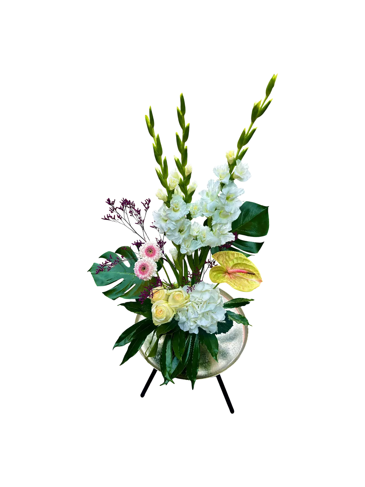 JTNE-107.webp bouquet glaïeuls Genève avec roses blanches, gerberas roses, anthurium crème et hortensias, élégance estivale
