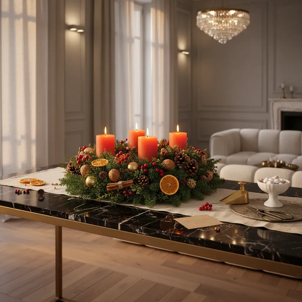 JTNE-143.webp cannelle charbonnée, couronne de l'Avent verte avec 4 bougies mandarine, oranges séchées et décorations