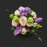 bouquet pastel geneve – roses crème, lilas mauve et hortensias verts, élégance printanière