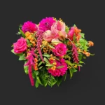 bouquet corde pourpre Genève — amaryllis, dahlias, roses et amaranthus tons fuchsia et orange