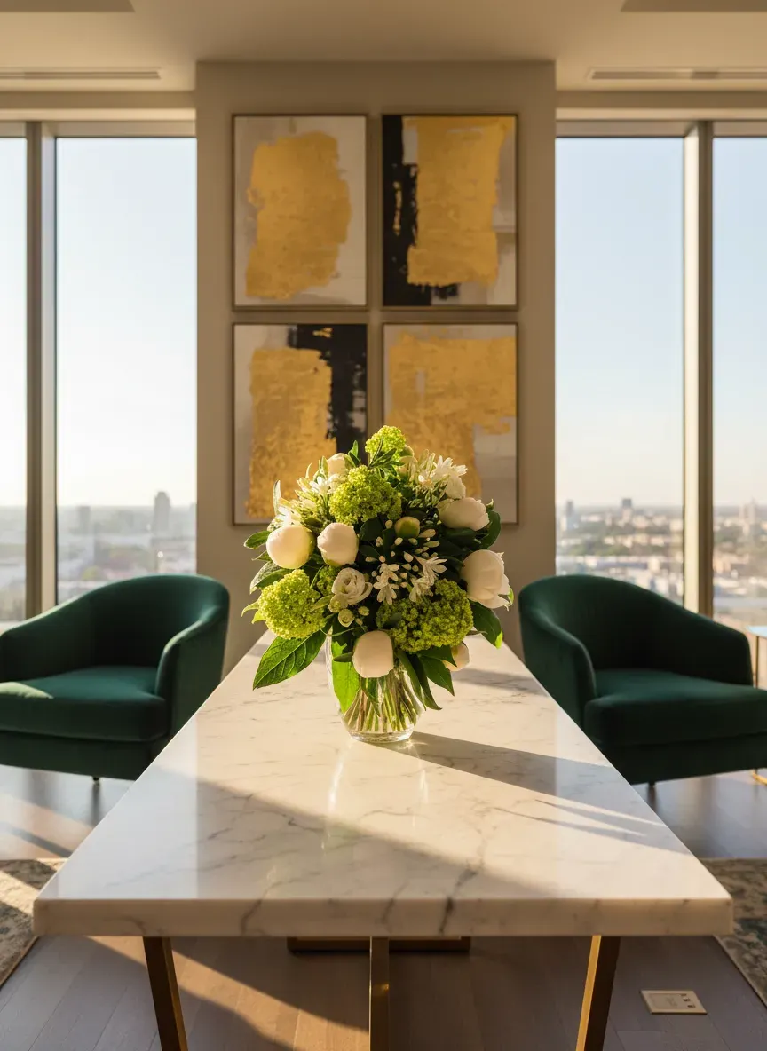 JTNE-48.webp bouquet pivoine lis Genève : pivoines et lis blancs avec viburnum, composition printanière élégante