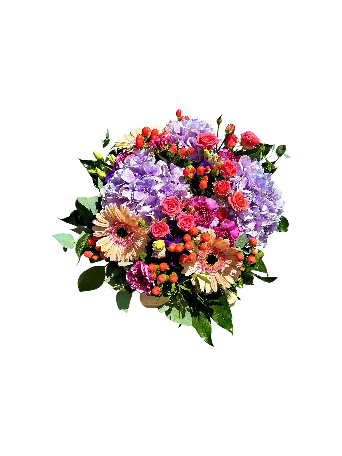 JTNE-51.webp bouquet hortensias Genève avec roses et gerberas, composition colorée Chant d'Été, livraison à Genève