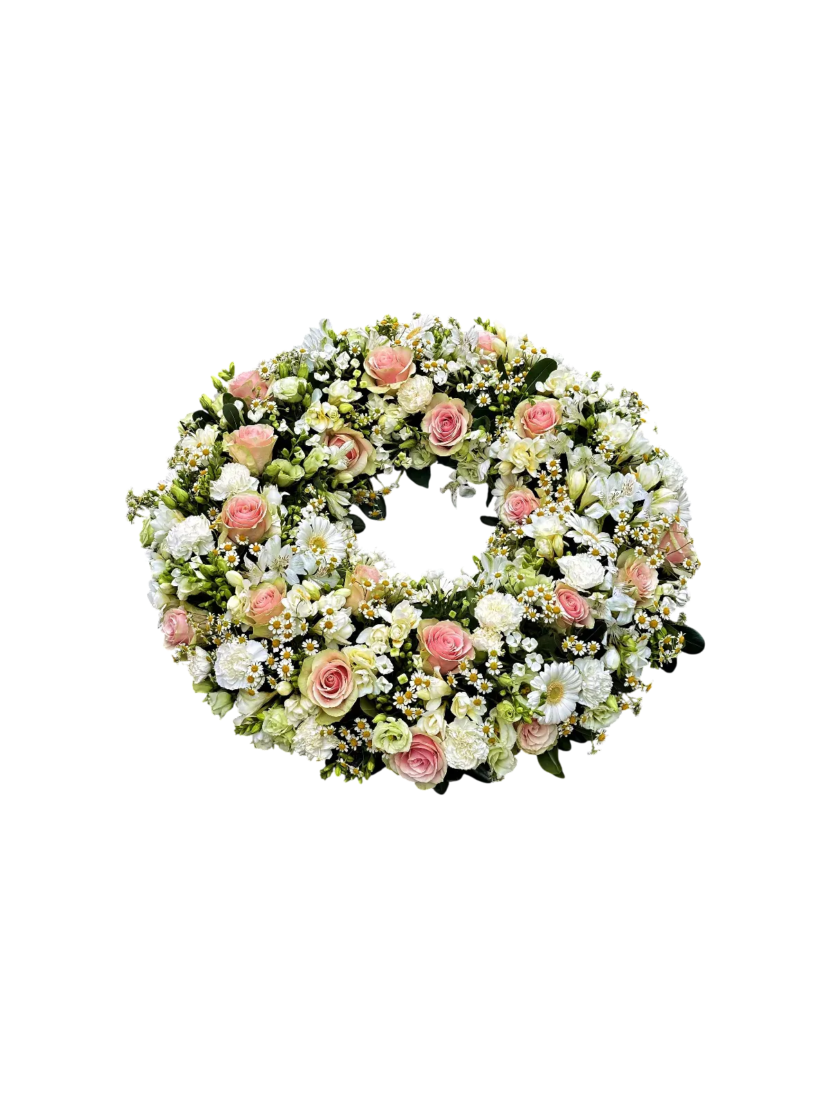JTNE-64.webp couronne de deuil Genève : roses pastel, marguerites et chrysanthèmes pour un hommage élégant