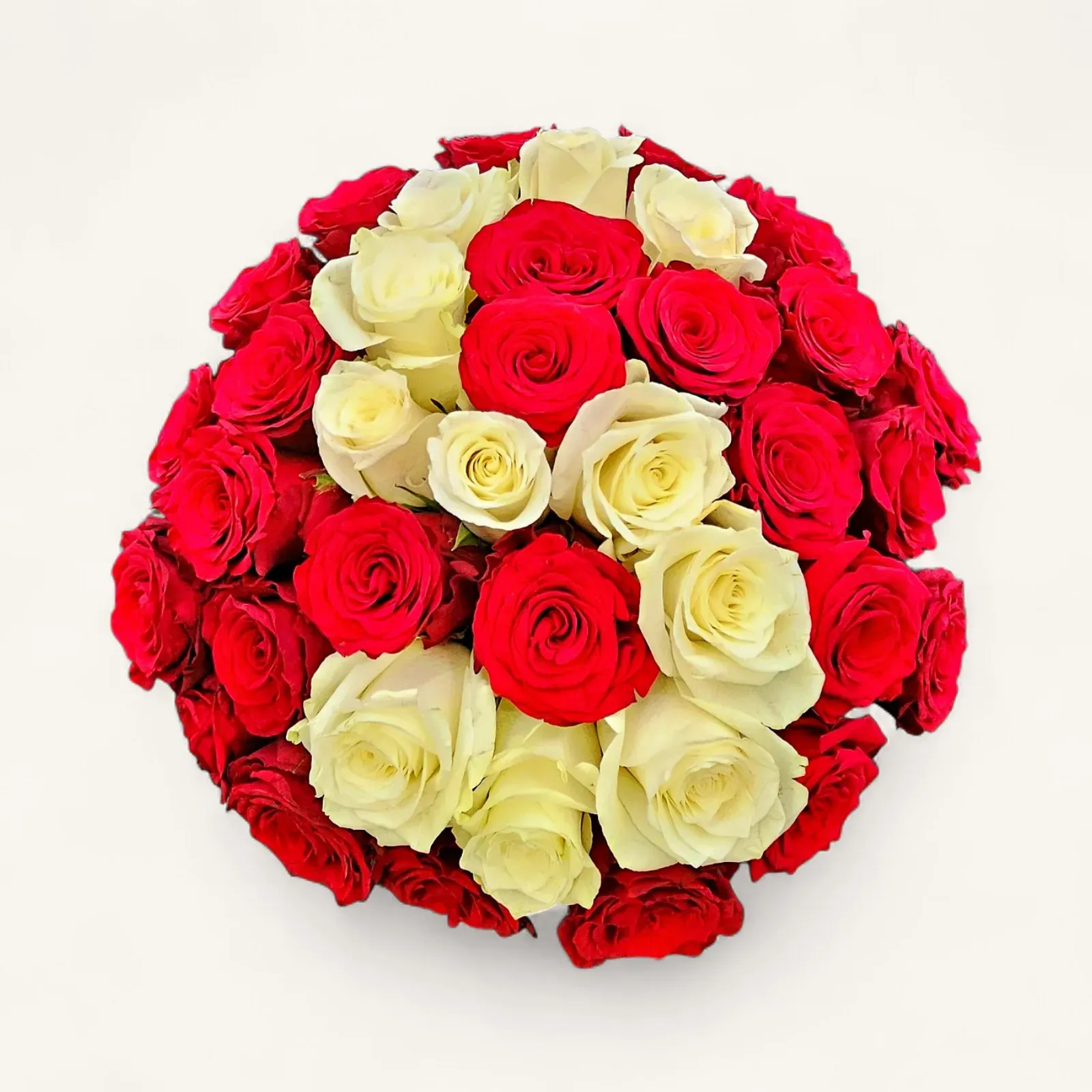 JTNE-73.webp bouquet roses Genève, composition bicolore de roses rouges et blanches sceau de velours