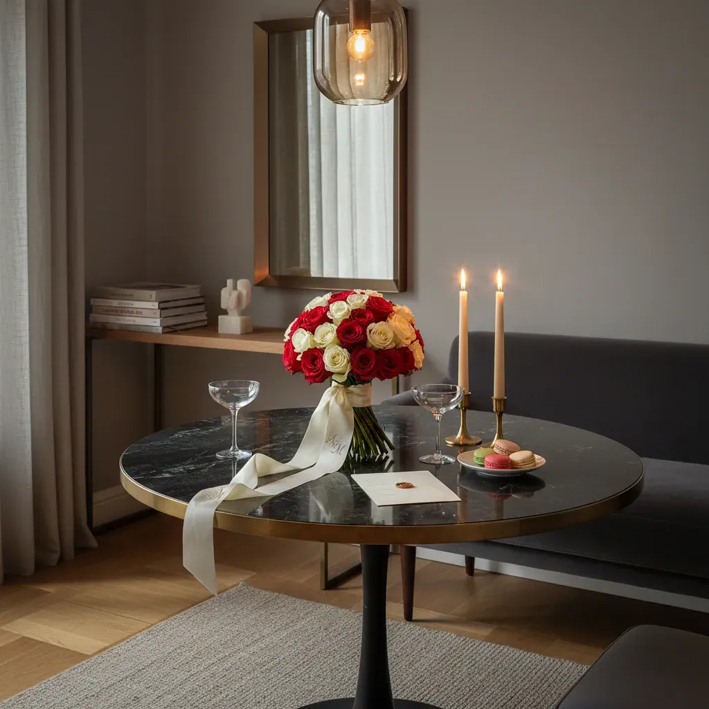 JTNE-74.webp bouquet roses Genève, composition bicolore de roses rouges et blanches sceau de velours