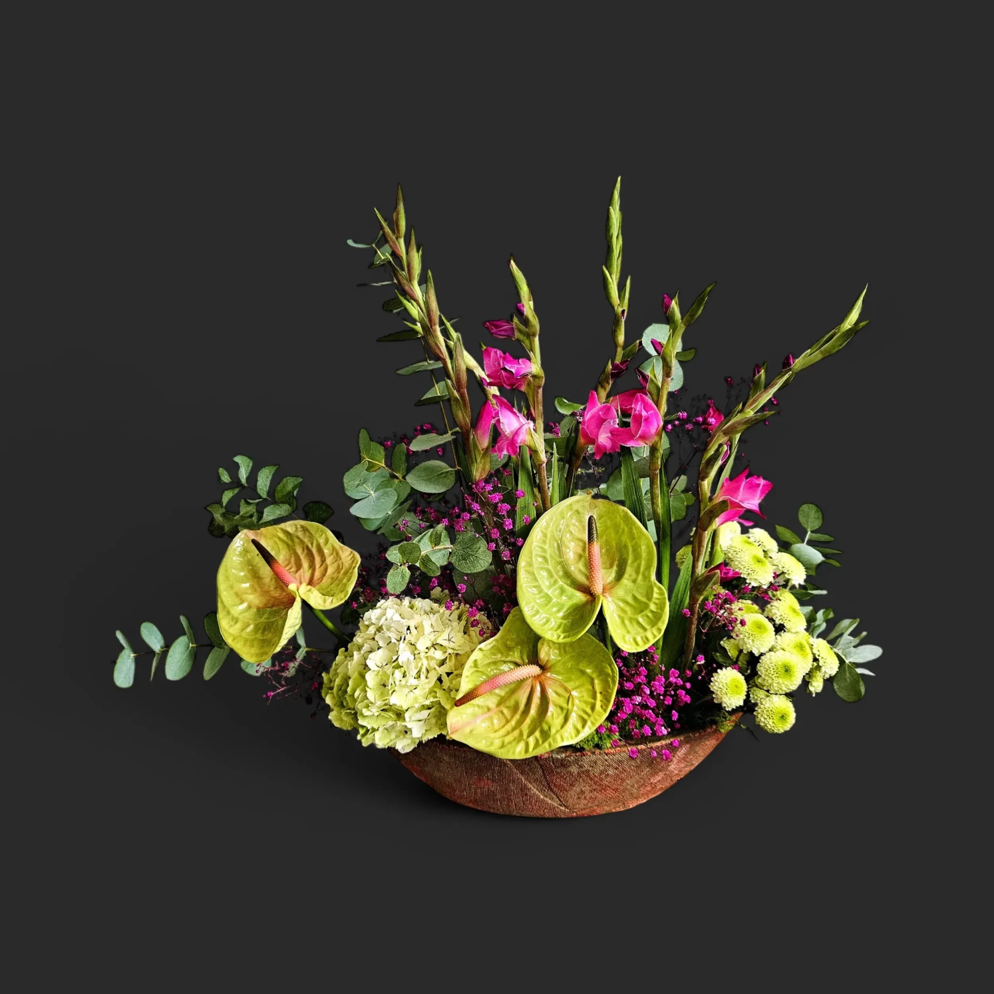 JTNE-96.webp bouquet anthurium Genève avec anthuriums verts, glaïeuls roses, hydrangea blanc et gypsophile