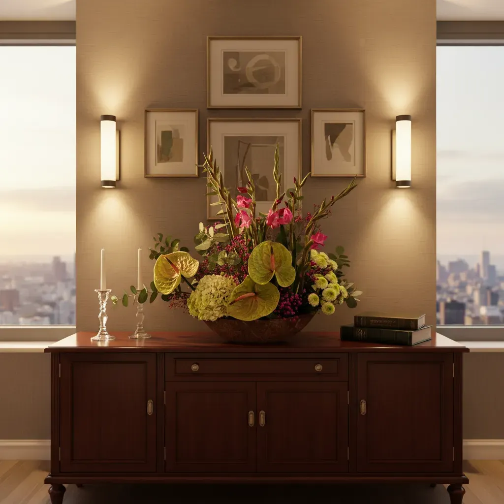 JTNE-97.webp bouquet anthurium Genève avec anthuriums verts, glaïeuls roses, hydrangea blanc et gypsophile