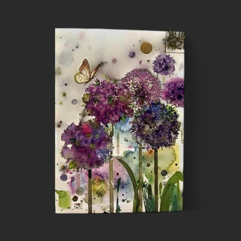carte orbite mauve Genève - carte aquarelle alliums violets avec touches dorées pour accompagner bouquets