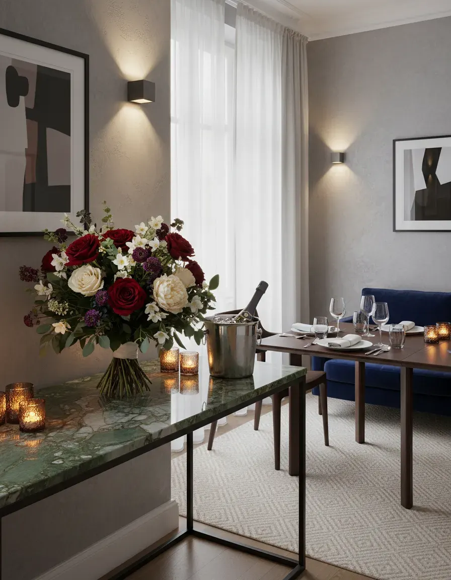 MEVTZyUzRA.webp clairière pétillante Genève : bouquet de luxe aux côtés d'une bouteille Baccarat Blanc de Blancs