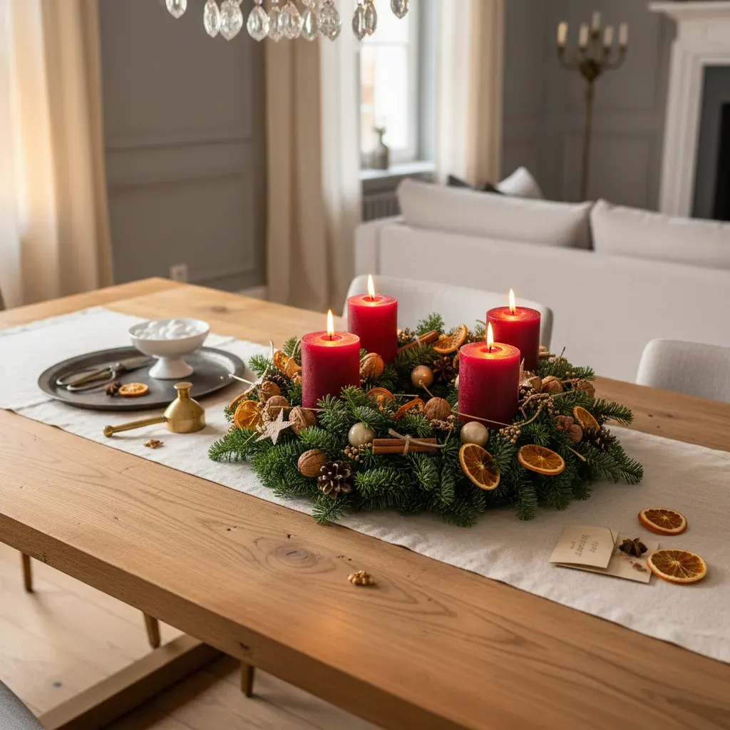 MTQlM0Q.webp ambre des sapins couronne de Noël en sapin avec oranges séchées, cannelle et 4 bougies bordeaux