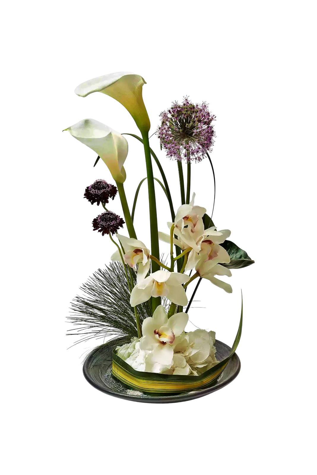 Nk1zayUzRA.webp arrangement blanc Genève Porcelaine Zénithale avec callas, cymbidiums et hortensias sur base argentée