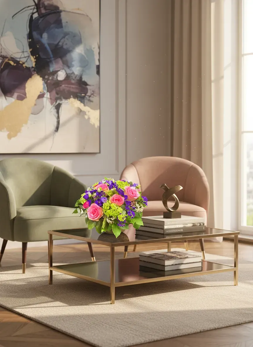 QmlHcyUzRA.webp bouquet Genève : roses, lisianthus, hortensia et limonium, composition printanière colorée et élégante