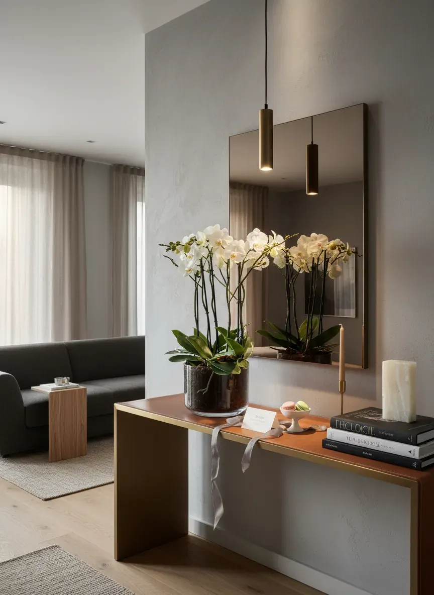 RA-103.webp orchidée blanche Genève en pot transparent, phalaenopsis aux fleurs satinées et racines aériennes sur tapis d'écorce