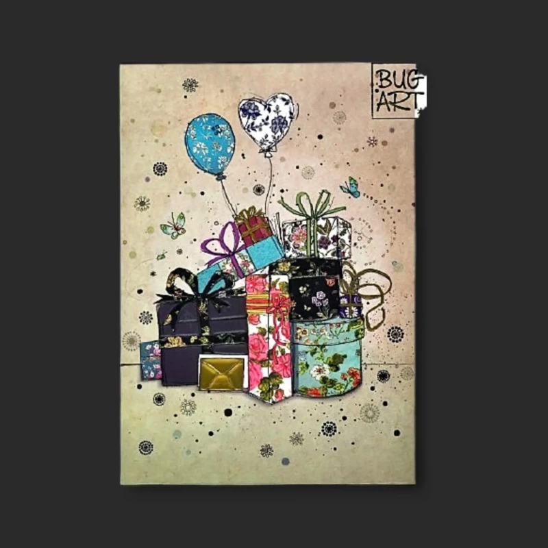 carte confetti Genève - carte illustrée festive de cadeaux, ballons et papillons pour accompagner bouquets