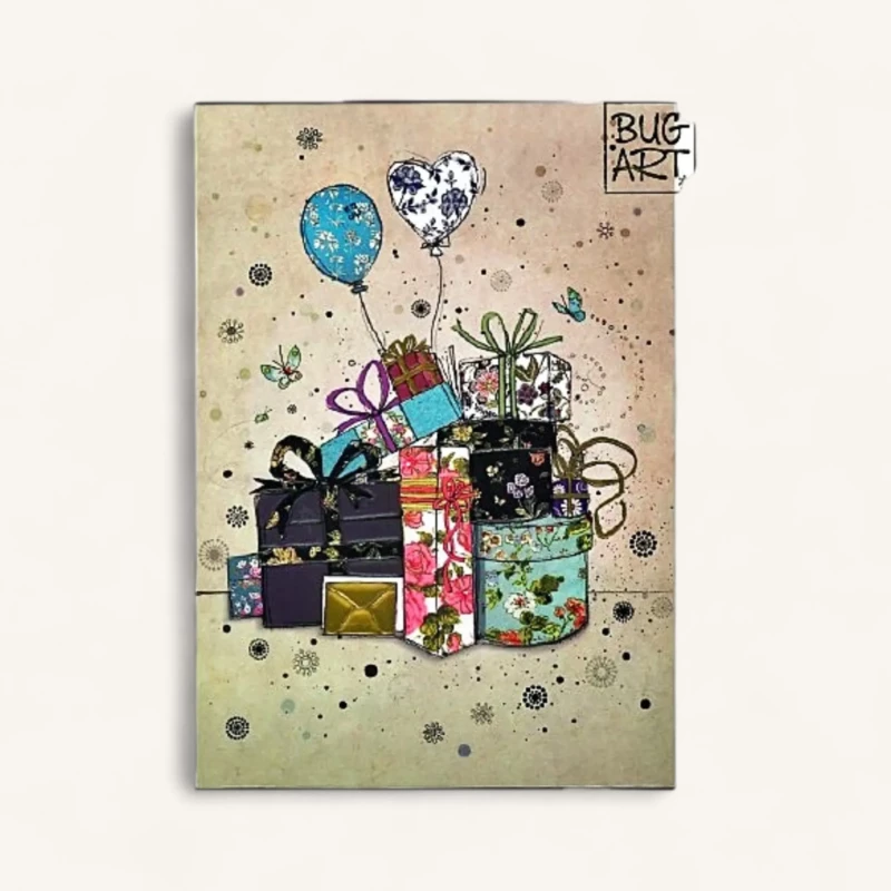 carte confetti Genève - carte illustrée festive de cadeaux, ballons et papillons pour accompagner bouquets