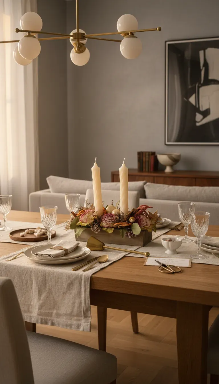 RA-128.webp ambre de bise Genève : centre de table en fleurs séchées avec roses, hortensias, limonium, orange confite et deux bougies torsadées