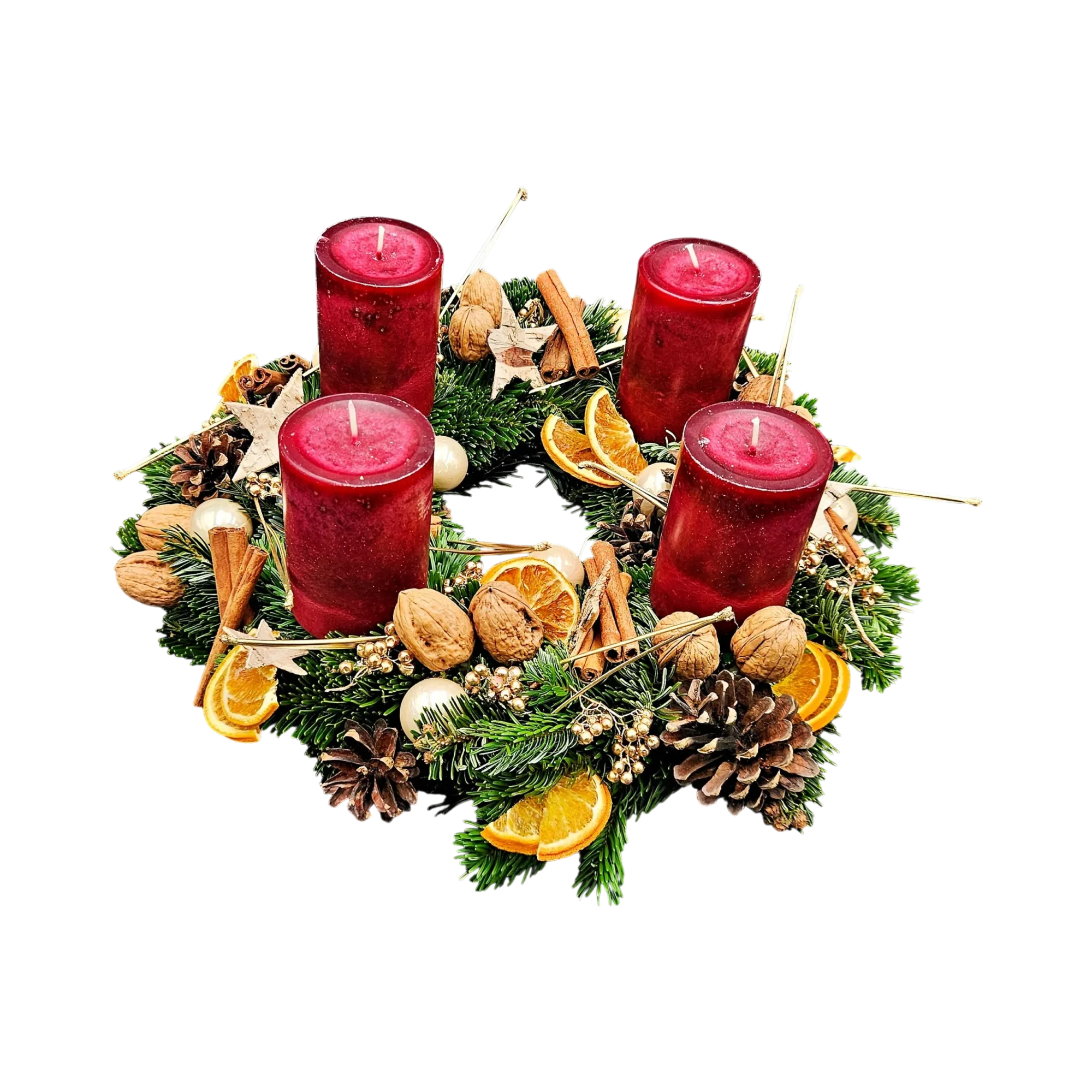 RA-138.webp ambre des sapins couronne de Noël en sapin avec oranges séchées, cannelle et 4 bougies bordeaux