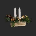 centre de table de noël genève : coffret bois avec bougies blanches, branches de pin, pommes de pin, noix et perles nacrées