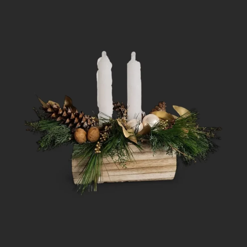 centre de table de noël genève : coffret bois avec bougies blanches, branches de pin, pommes de pin, noix et perles nacrées