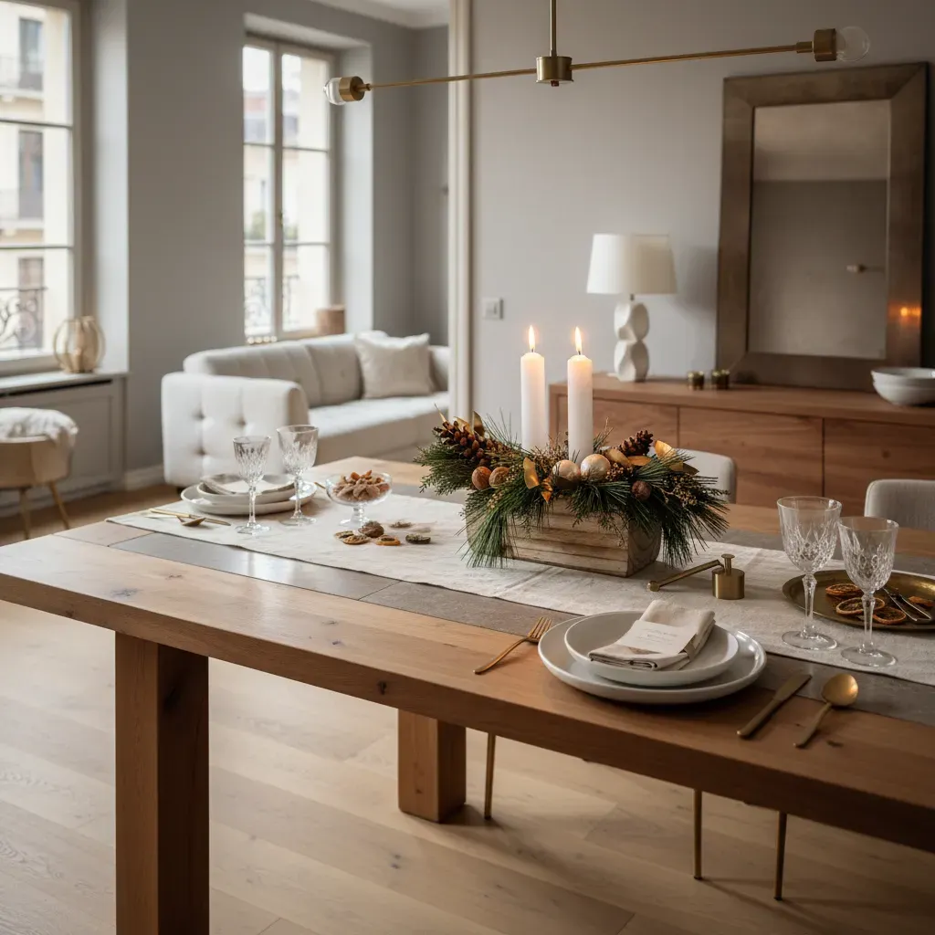 RA-140.webp centre de table de noël genève : coffret bois avec bougies blanches, branches de pin, pommes de pin, noix et perles nacrées