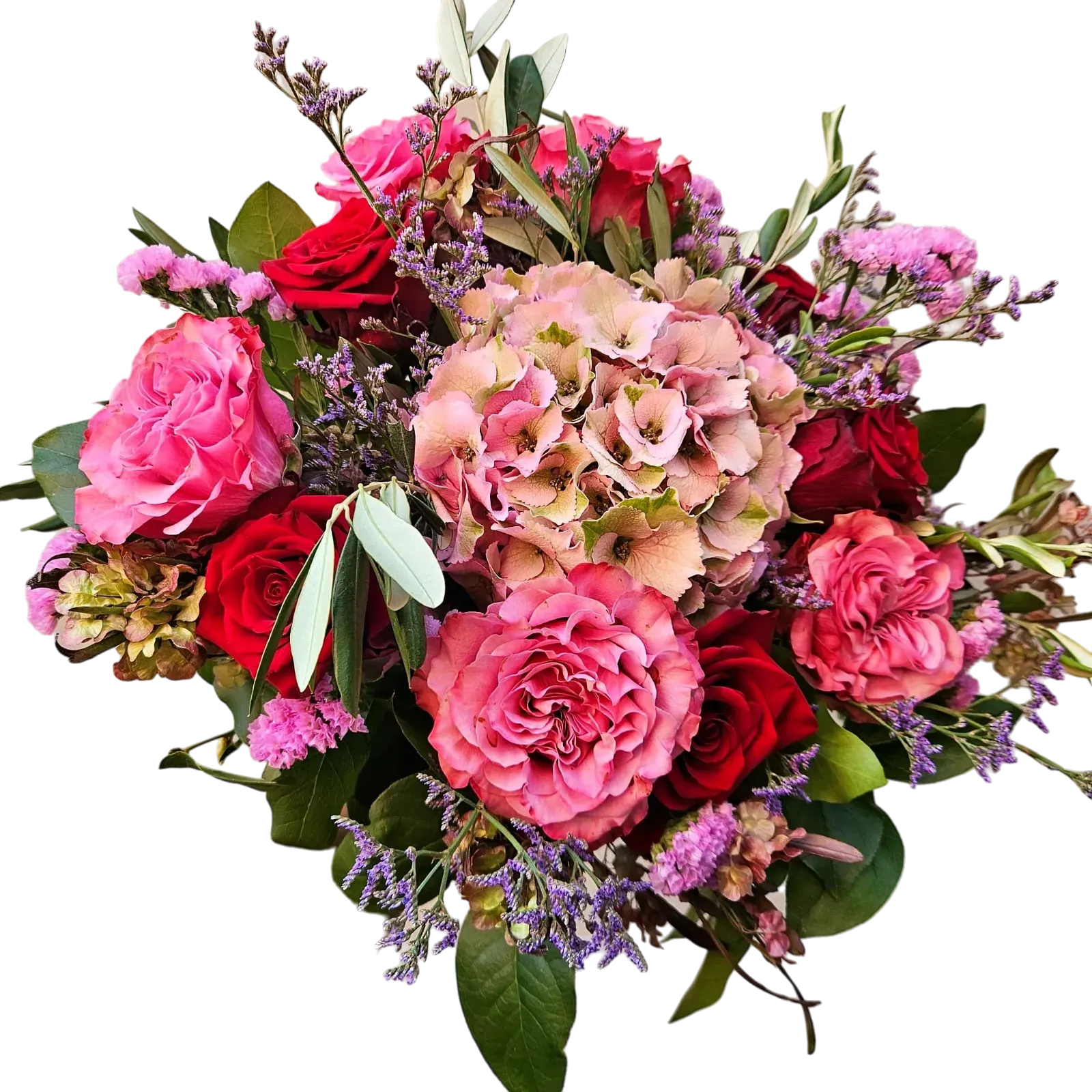 RA-32.webp bouquet roses Genève Légende d'Aurore avec hortensia et limonium, composition romantique et colorée