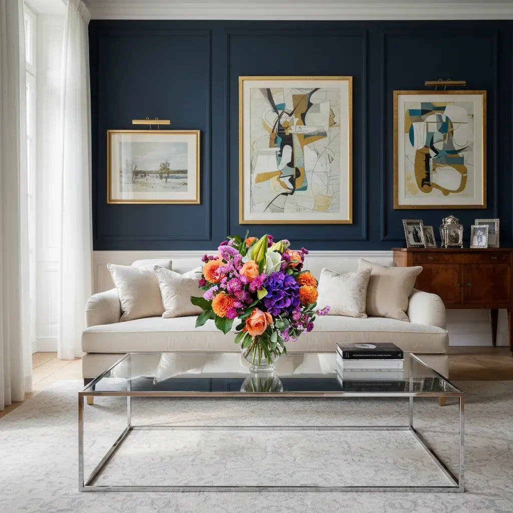 RA-39.webp bouquet coloré Genève : dahlias orangés, roses pêche, lys blancs et hortensia violet en composition élégante