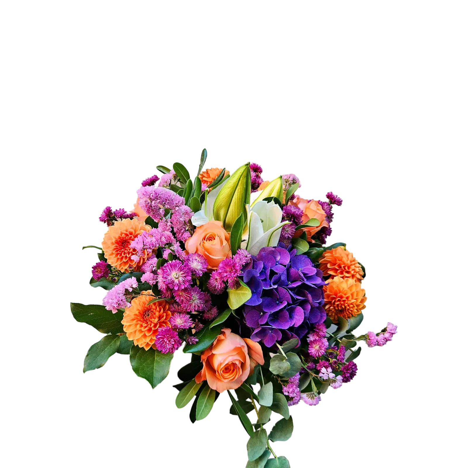 RA-40.webp bouquet coloré Genève : dahlias orangés, roses pêche, lys blancs et hortensia violet en composition élégante