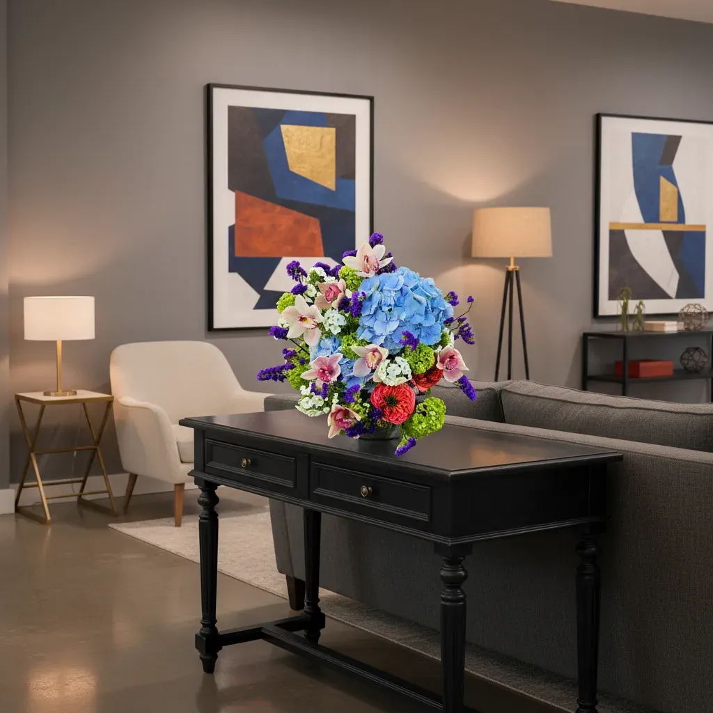 RA-45.webp bouquet Genève avec cymbidiums roses, hortensias bleus, renoncules rouges et statice violet – Mélodie d'Équinoxe