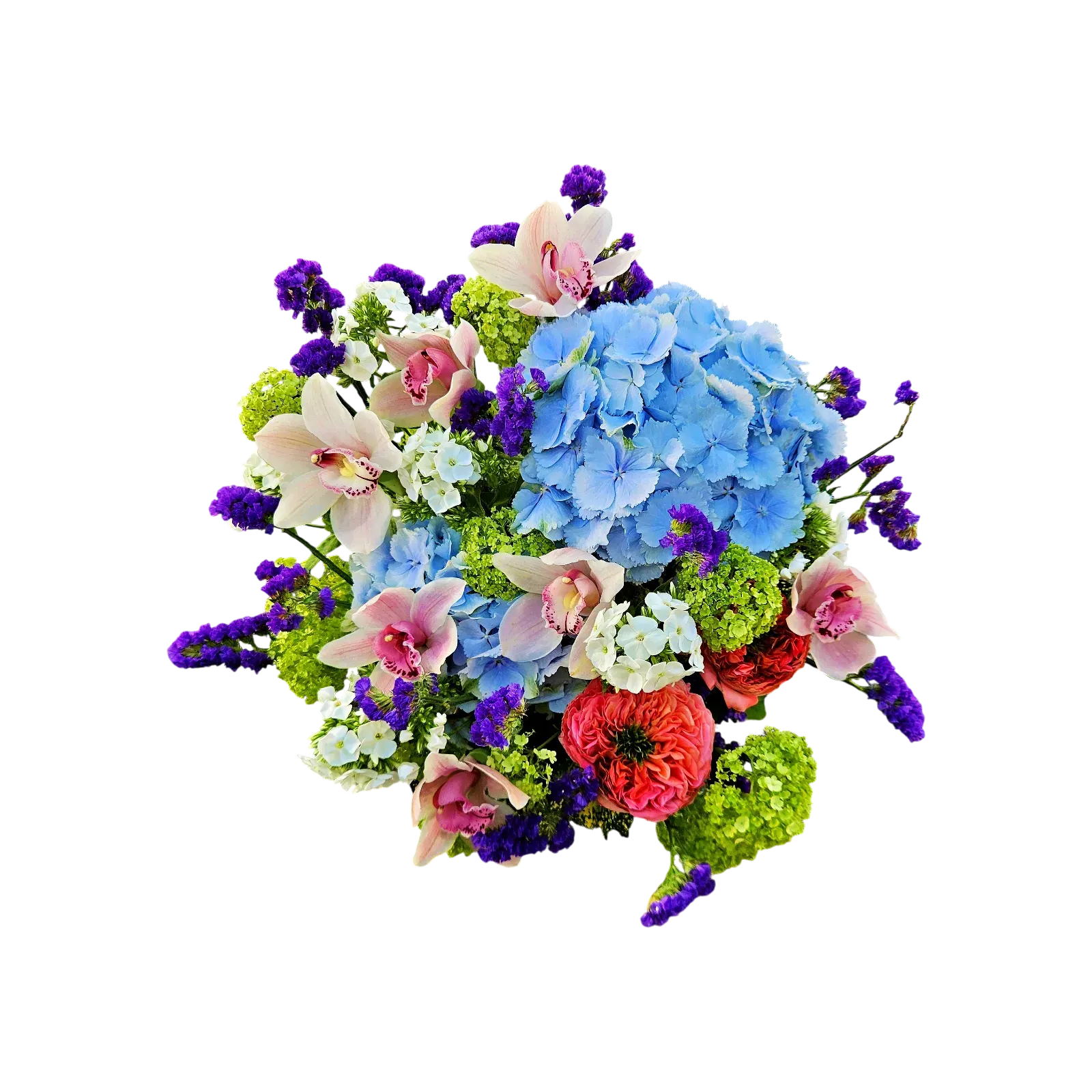 RA-46.webp bouquet Genève avec cymbidiums roses, hortensias bleus, renoncules rouges et statice violet – Mélodie d'Équinoxe