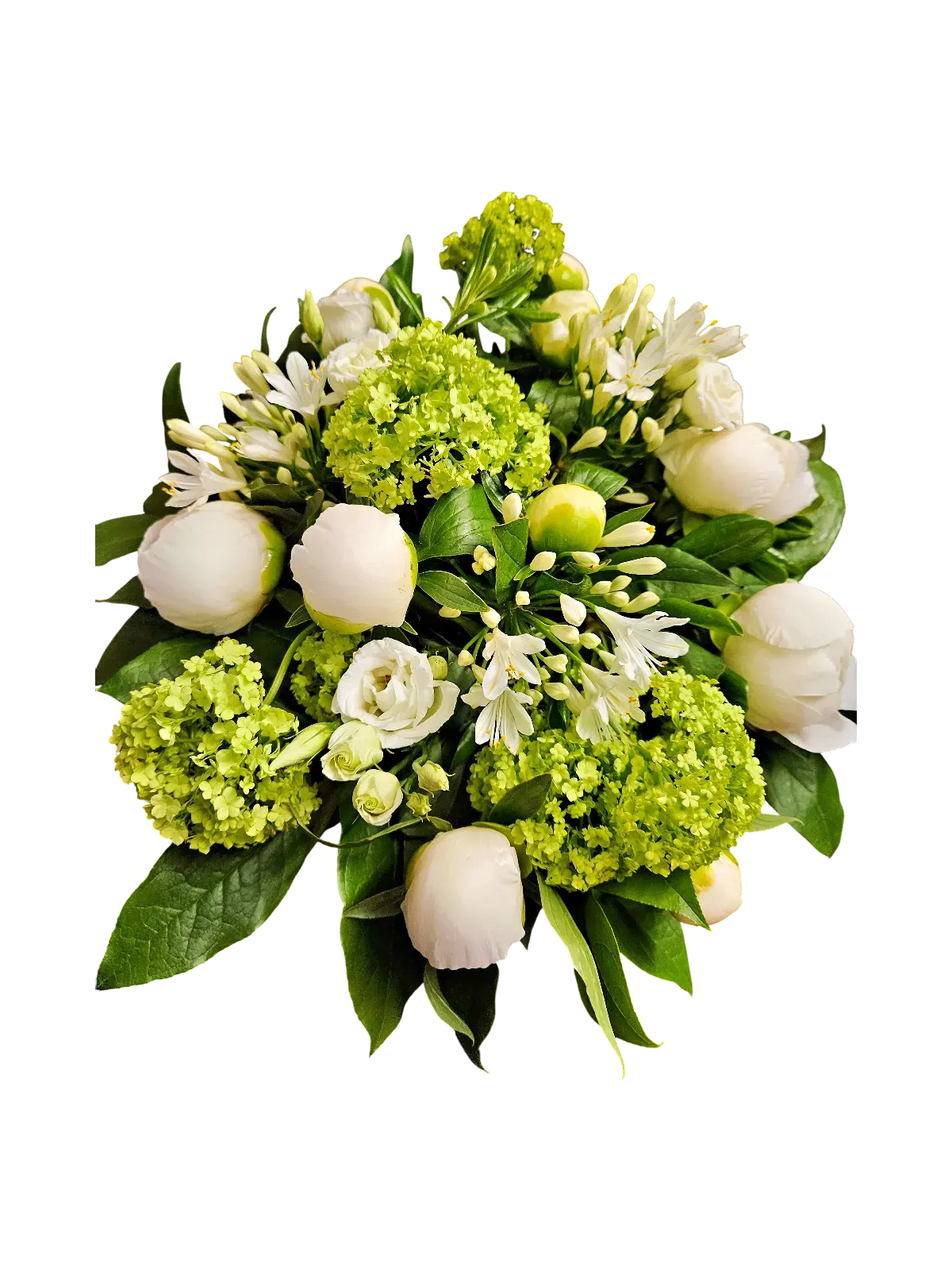 RA-49.webp bouquet pivoine lis Genève : pivoines et lis blancs avec viburnum, composition printanière élégante