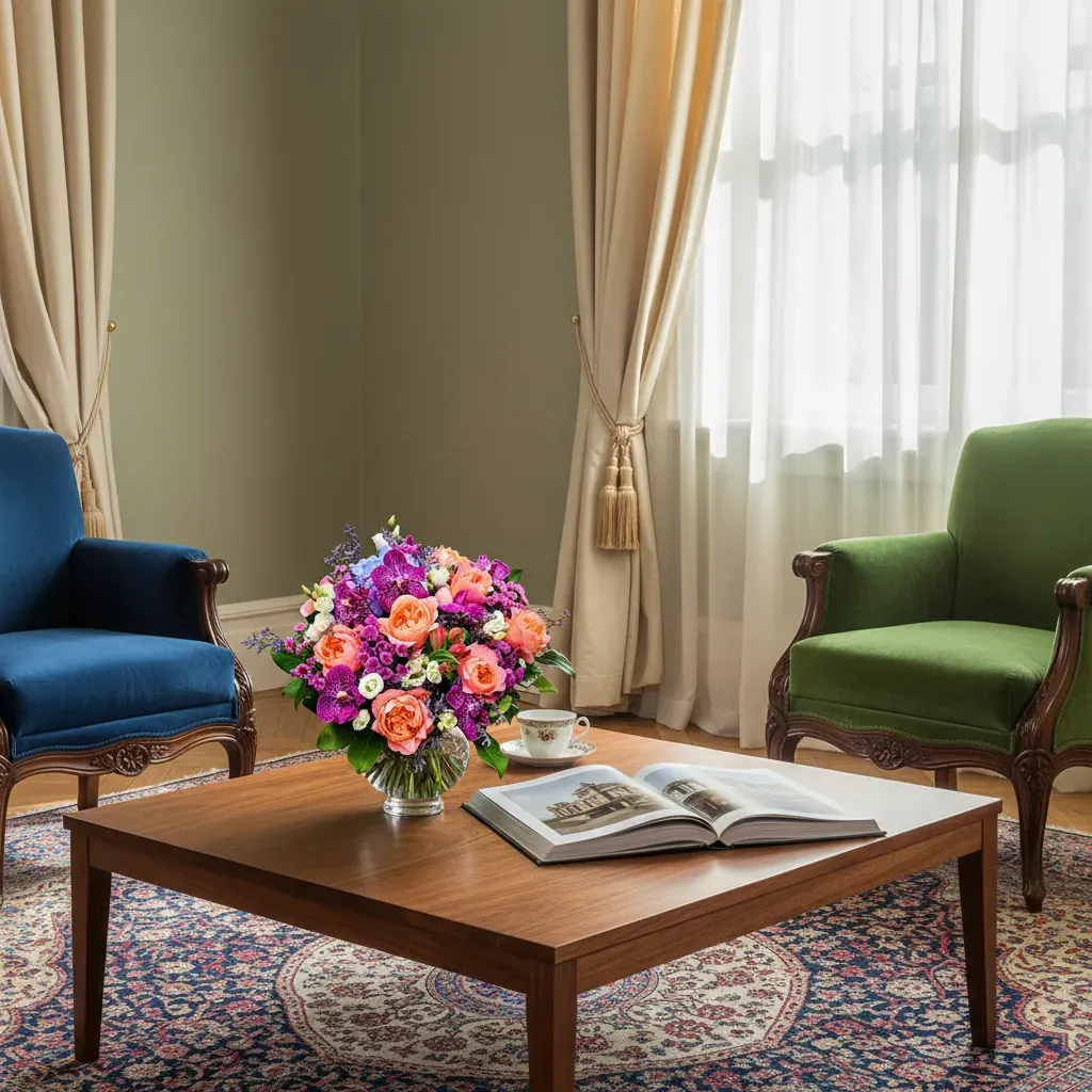 RA-97.webp bouquet roses abricot Genève Éveil Prisme, orchidées fuchsia et lisianthus blancs, arrangement printanier luxueux