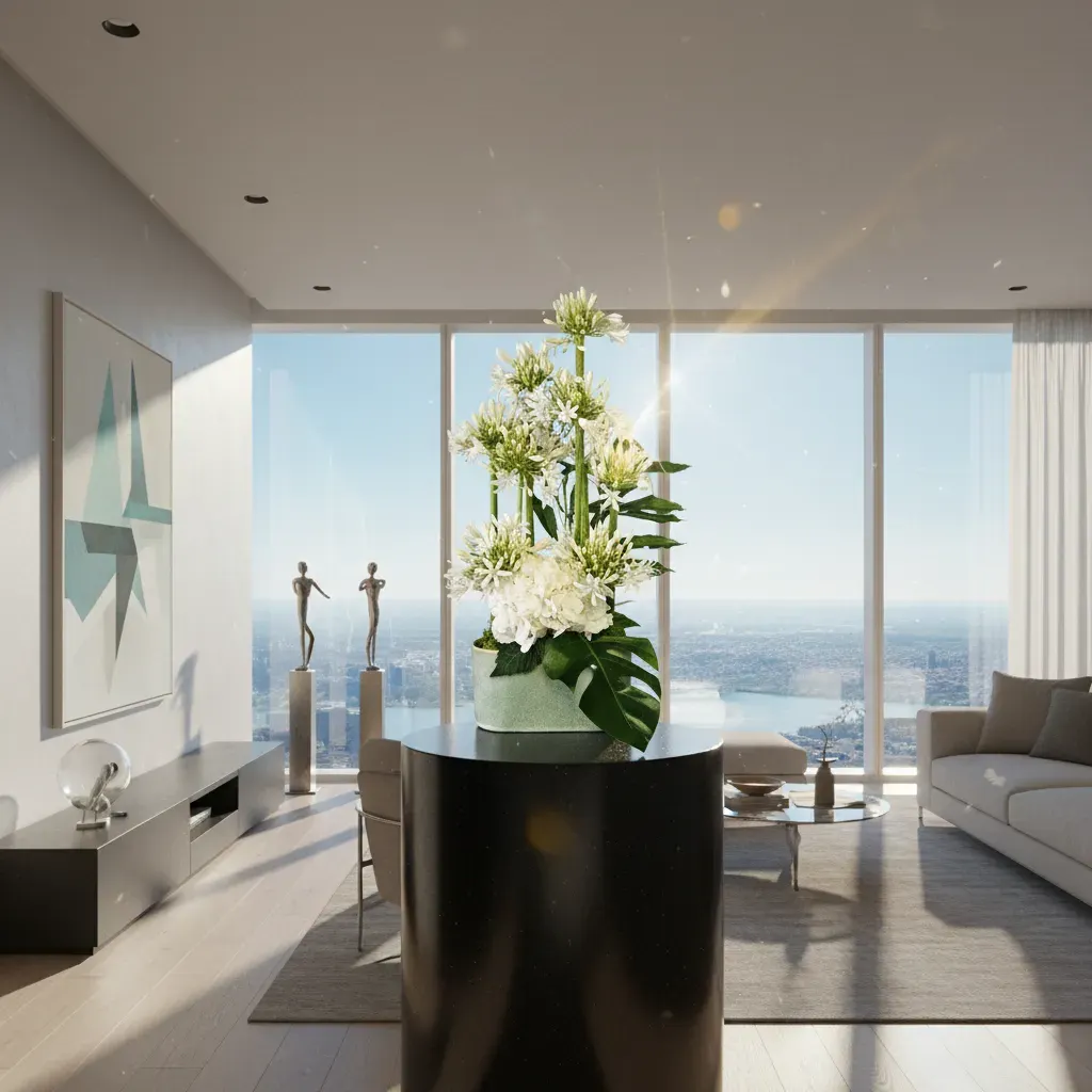 RA-98.webp bouquet agapanthe et hortensias blancs, arrangement floral épuré, élégance moderne - livraison Genève